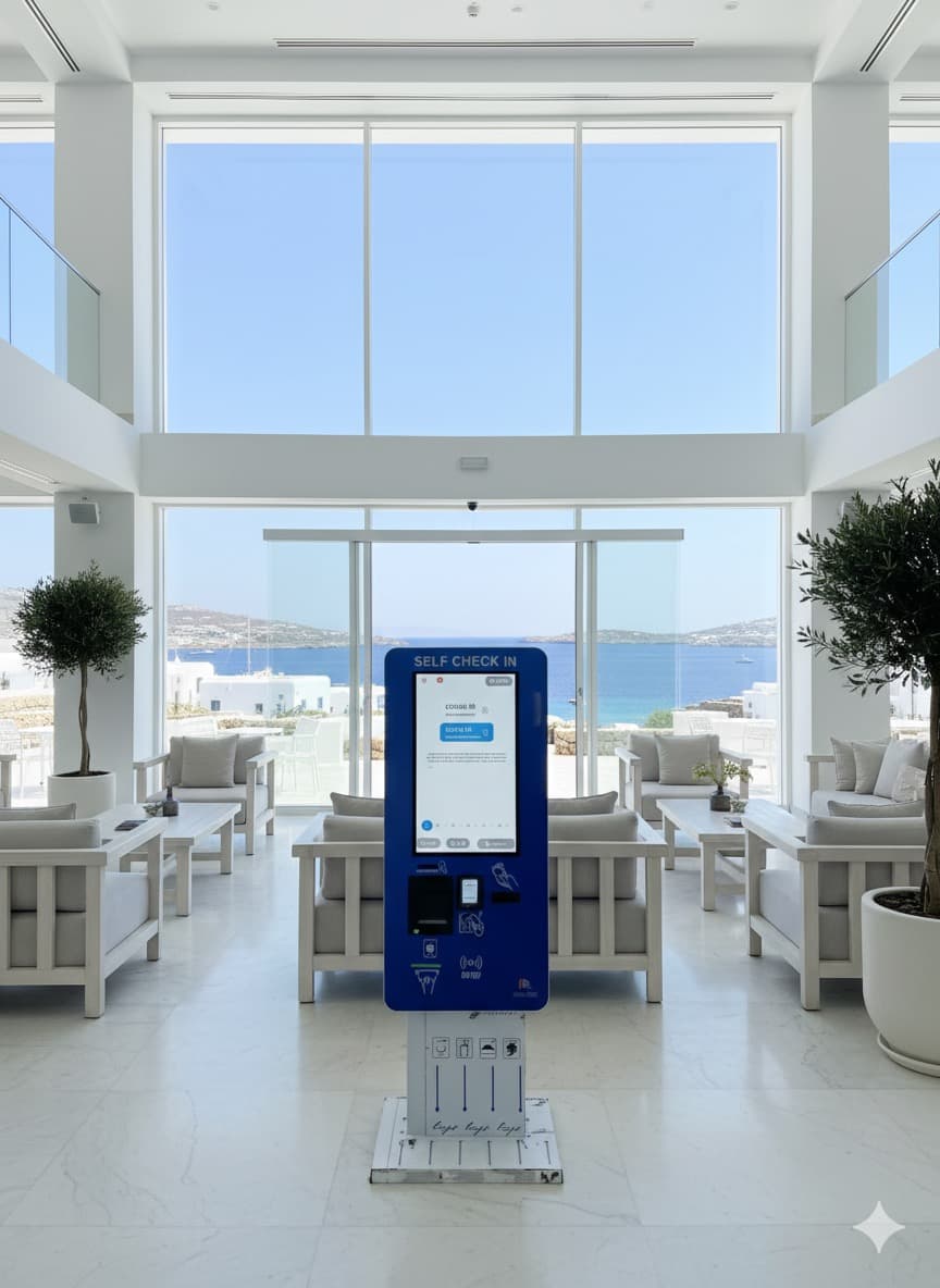 Check-in Process Guest using digital kiosk for fast hotel check-in in 30 seconds